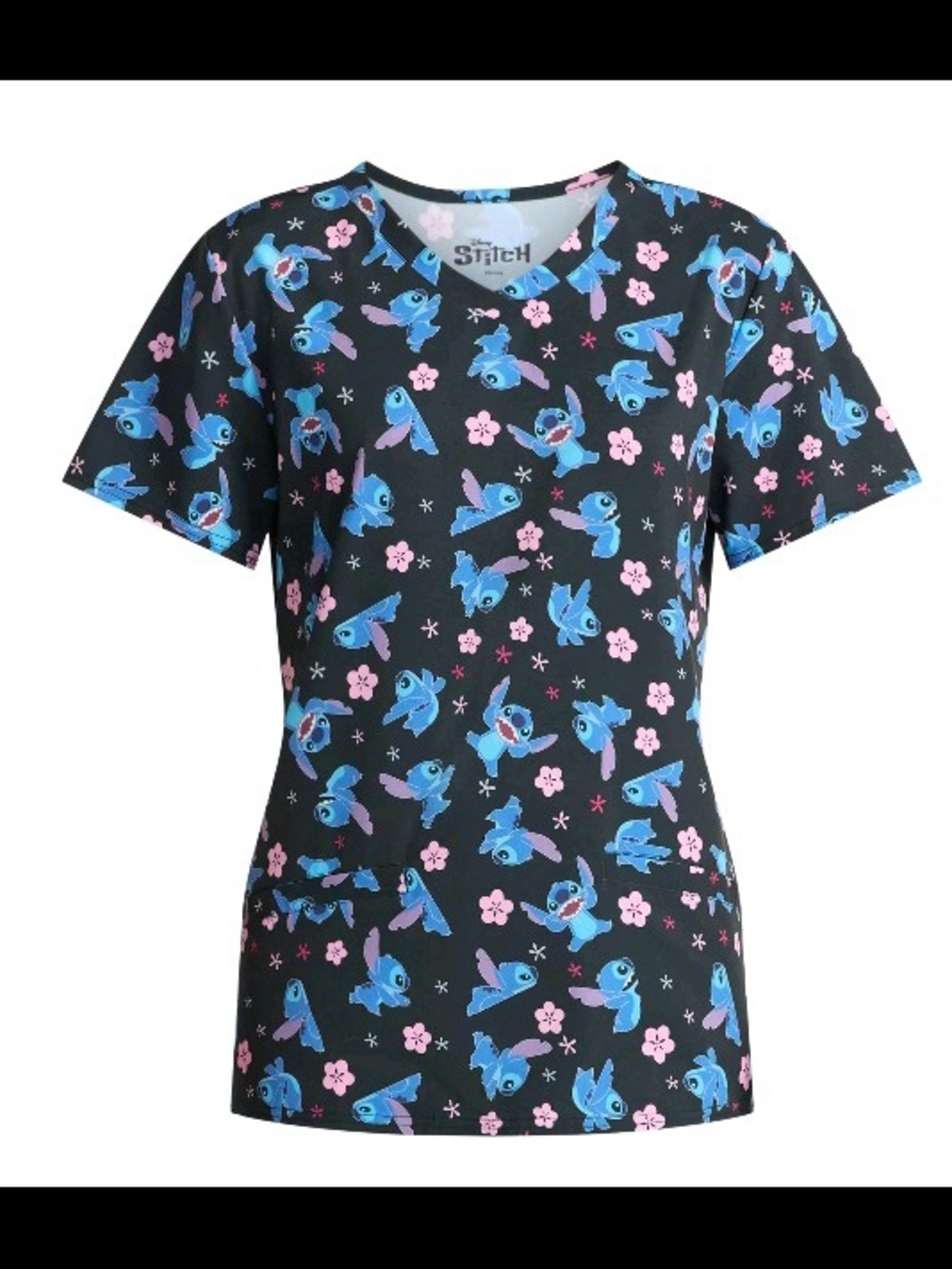 Disney Stitch Print Black Scrub Top with Pink Flowers Medium